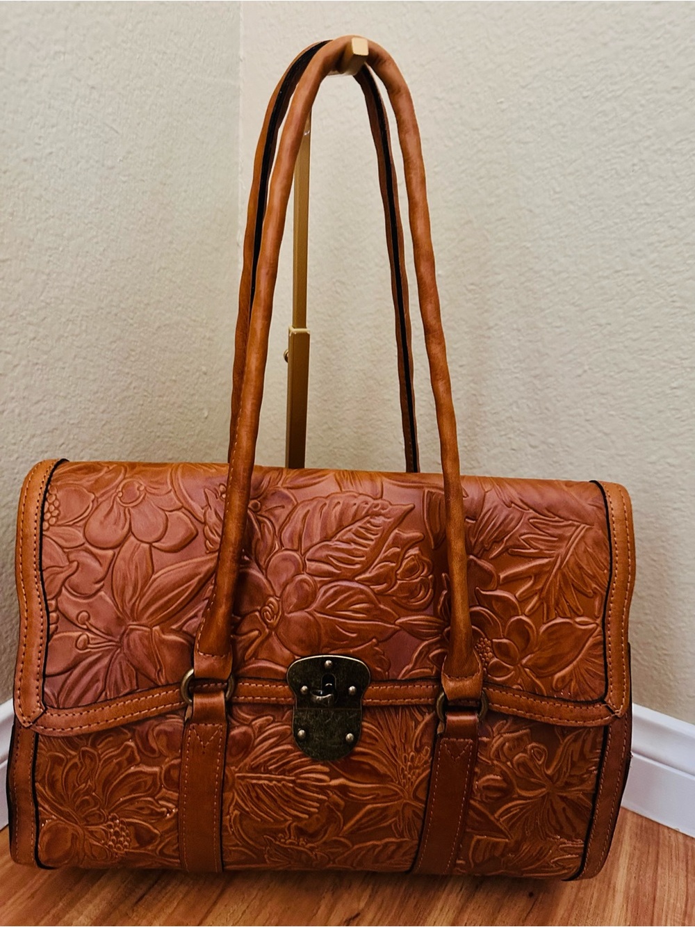 🌹 Patricia Nash Vienna Tooled Leather Satchel Bag Tan Floral 💼